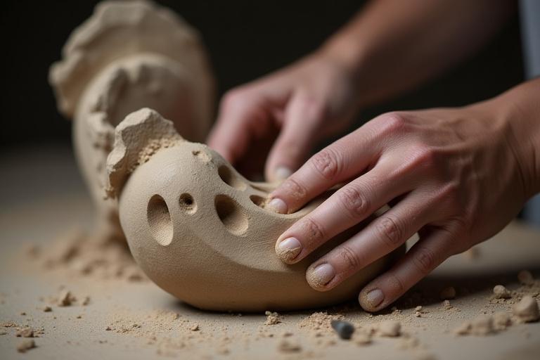 Sculptor carefully carving a form from natural wood, emphasizing detail and organic shapes.